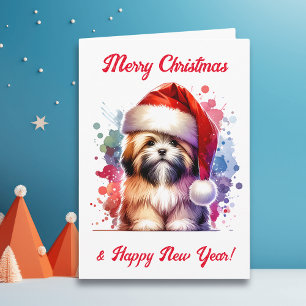 Lhasa Apso Dog in Santa Hat Christmas Card
