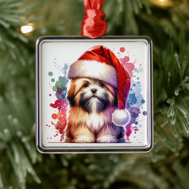 Lhasa Apso Dog in Santa Hat Christmas   Metal Ornament (Tree)