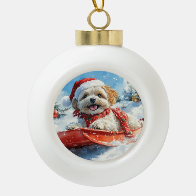 Lhasa Apso Dog in Sledge Let it Snow Christmas Ceramic Ball Christmas Ornament (Front)