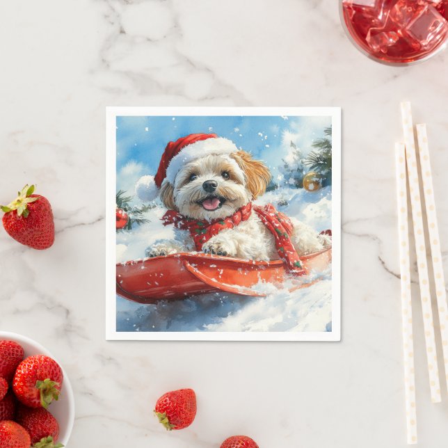 Lhasa Apso Dog in Sledge Let it Snow Christmas Napkins (Insitu)