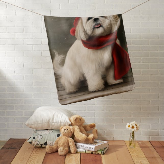 Lhasa Apso Dog in Snow Christmas Baby Blanket (In Situ)