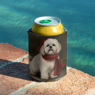 Lhasa Apso Dog in Snow Christmas Can Cooler