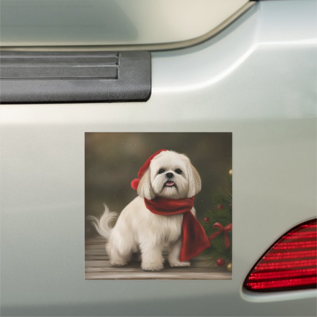 Lhasa Apso Dog in Snow Christmas Car Magnet (In Situ)