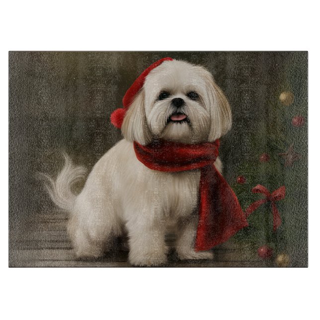 Lhasa Apso Dog in Snow Christmas Cutting Board (Front)