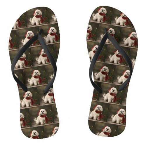 Lhasa Apso Dog in Snow Christmas Flip Flops