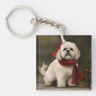 Lhasa Apso Dog in Snow Christmas Keychain