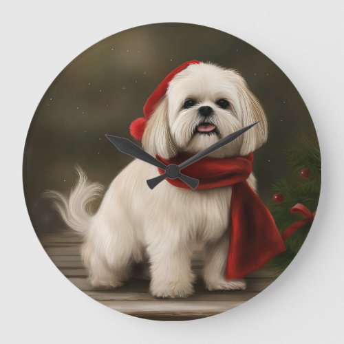 Lhasa Apso Dog in Snow Christmas Large Clock