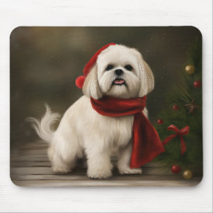 Lhasa Apso Dog in Snow Christmas Mouse Pad