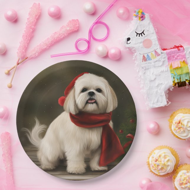 Lhasa Apso Dog in Snow Christmas Paper Plates (Party)
