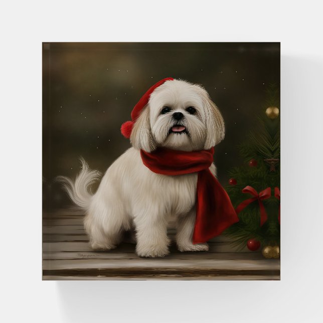 Lhasa Apso Dog in Snow Christmas Paperweight (Front)
