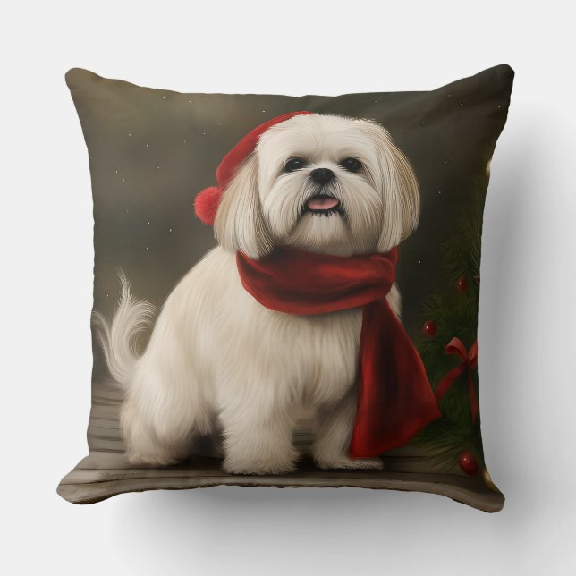 Lhasa Apso Dog in Snow Christmas Throw Pillow (Front)