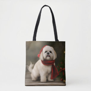 Lhasa Apso Dog in Snow Christmas Tote Bag