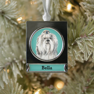 Lhasa Apso Dog Portrait Personalized Silver Plated Banner Ornament