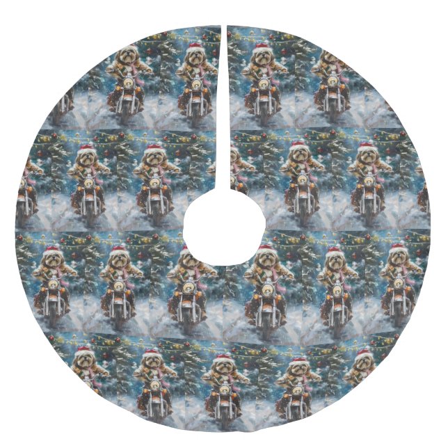 Lhasa Apso Dog Riding Motorcycle Christmas  Brushed Polyester Tree Skirt (Front)