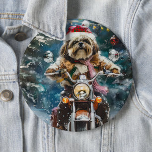 Lhasa Apso Dog Riding Motorcycle Christmas Button