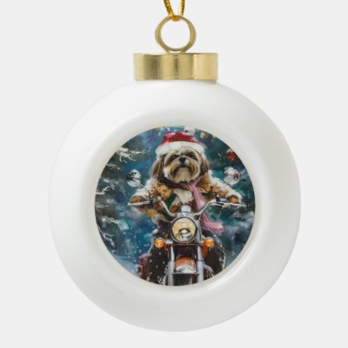 Lhasa Apso Dog Riding Motorcycle Christmas  Ceramic Ball Christmas Ornament