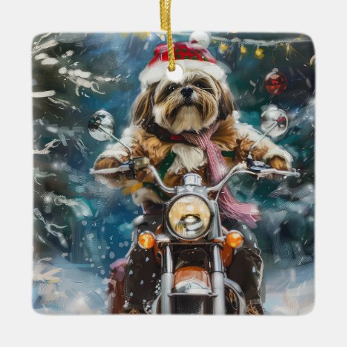 Lhasa Apso Dog Riding Motorcycle Christmas  Ceramic Ornament