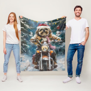 Lhasa Apso Dog Riding Motorcycle Christmas  Fleece Blanket