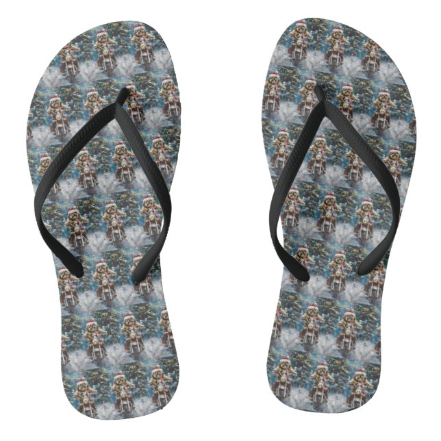 Lhasa Apso Dog Riding Motorcycle Christmas  Flip Flops (Footbed)