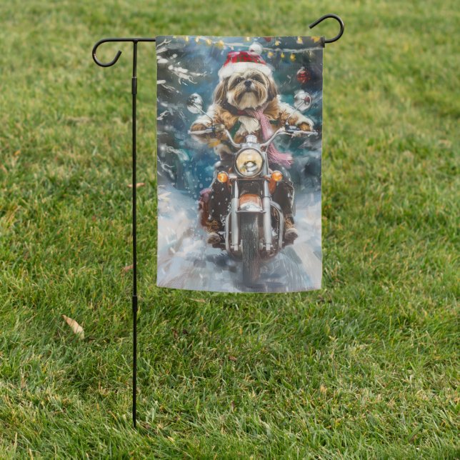 Lhasa Apso Dog Riding Motorcycle Christmas  Garden Flag (In SItu)