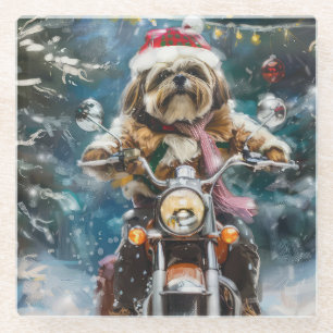 Lhasa Apso Dog Riding Motorcycle Christmas Glass Coaster