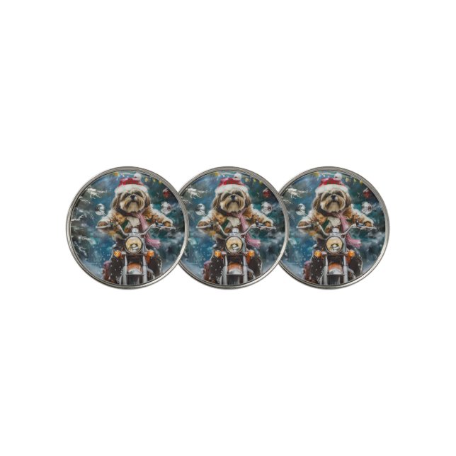 Lhasa Apso Dog Riding Motorcycle Christmas  Golf Ball Marker (3 Up)