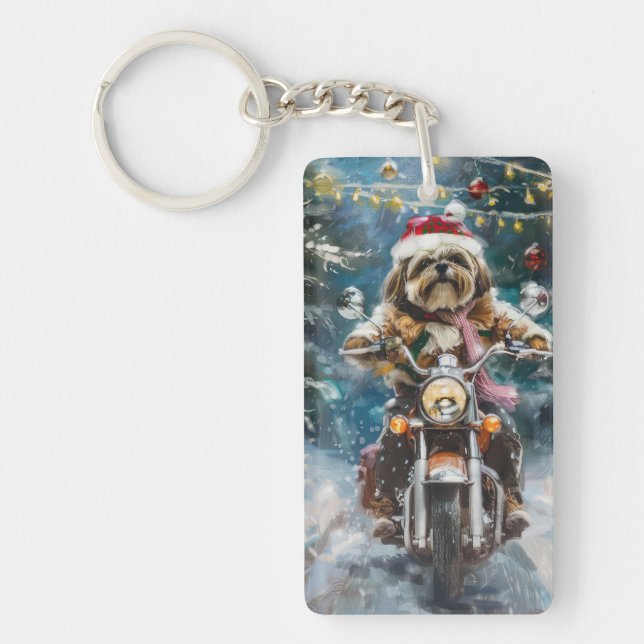 Lhasa Apso Dog Riding Motorcycle Christmas  Keychain (Front)