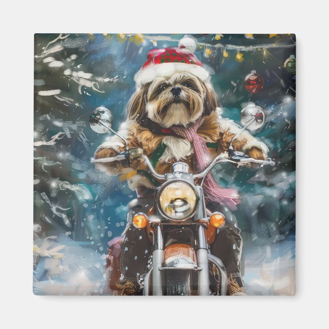 Lhasa Apso Dog Riding Motorcycle Christmas  Magnet (Front)
