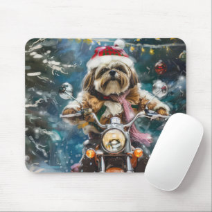 Lhasa Apso Dog Riding Motorcycle Christmas Mouse Pad