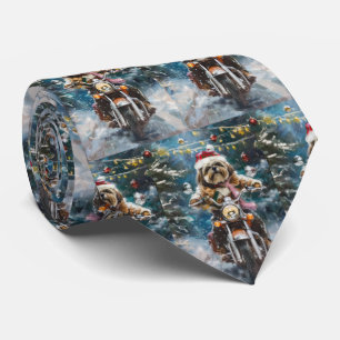 Lhasa Apso Dog Riding Motorcycle Christmas Neck Tie