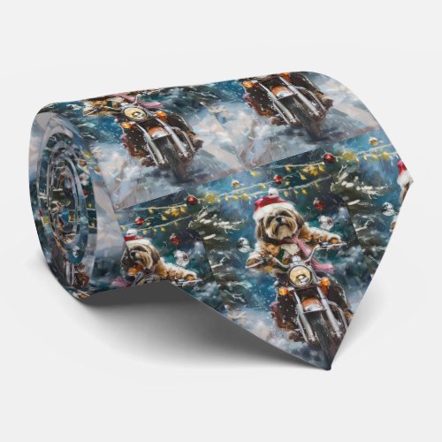 Lhasa Apso Dog Riding Motorcycle Christmas  Neck Tie