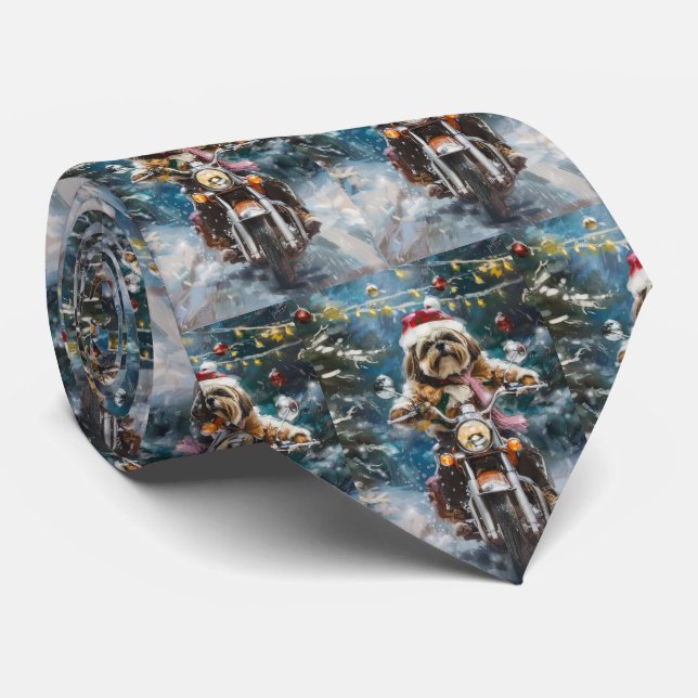 Lhasa Apso Dog Riding Motorcycle Christmas  Neck Tie (Rolled)