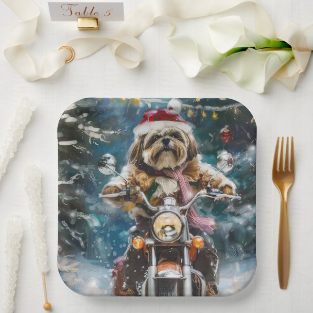 Lhasa Apso Dog Riding Motorcycle Christmas  Paper Plates (Wedding)