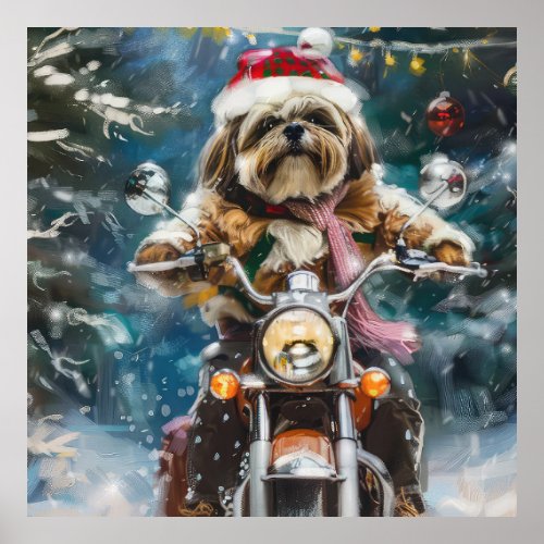 Lhasa Apso Dog Riding Motorcycle Christmas  Poster