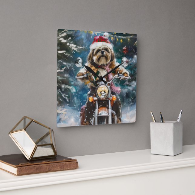 Lhasa Apso Dog Riding Motorcycle Christmas  Square Wall Clock (Office)