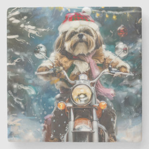 Lhasa Apso Dog Riding Motorcycle Christmas Stone Coaster