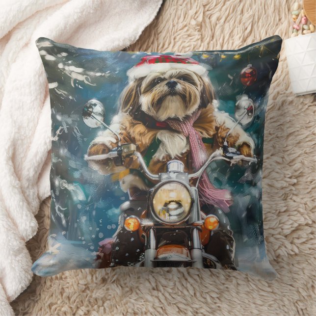 Lhasa Apso Dog Riding Motorcycle Christmas  Throw Pillow (Blanket)