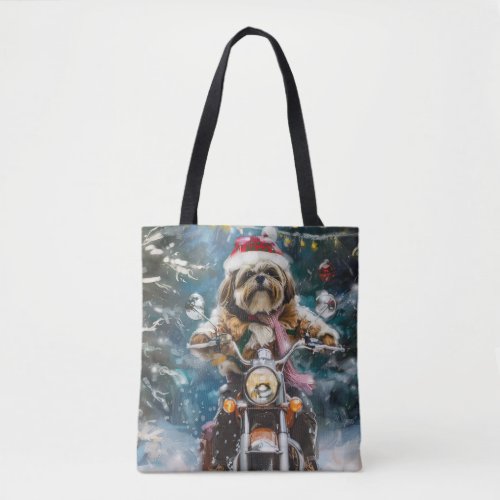 Lhasa Apso Dog Riding Motorcycle Christmas  Tote Bag