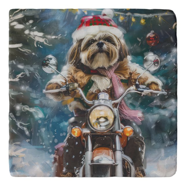 Lhasa Apso Dog Riding Motorcycle Christmas  Trivet (Front)
