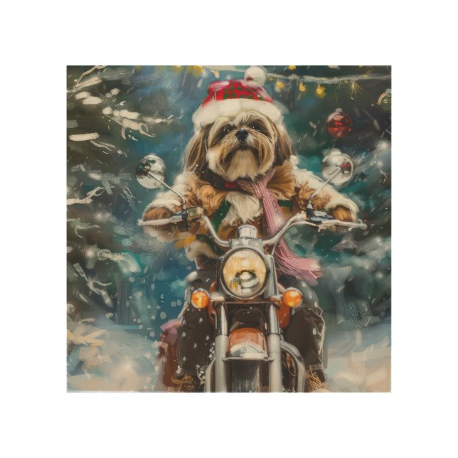 Lhasa Apso Dog Riding Motorcycle Christmas  Wood Wall Art (Front)