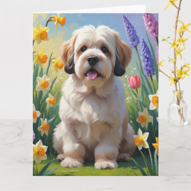 Lhasa Apso Dog Spring Flowers Painting  Card (Yellow Flower)