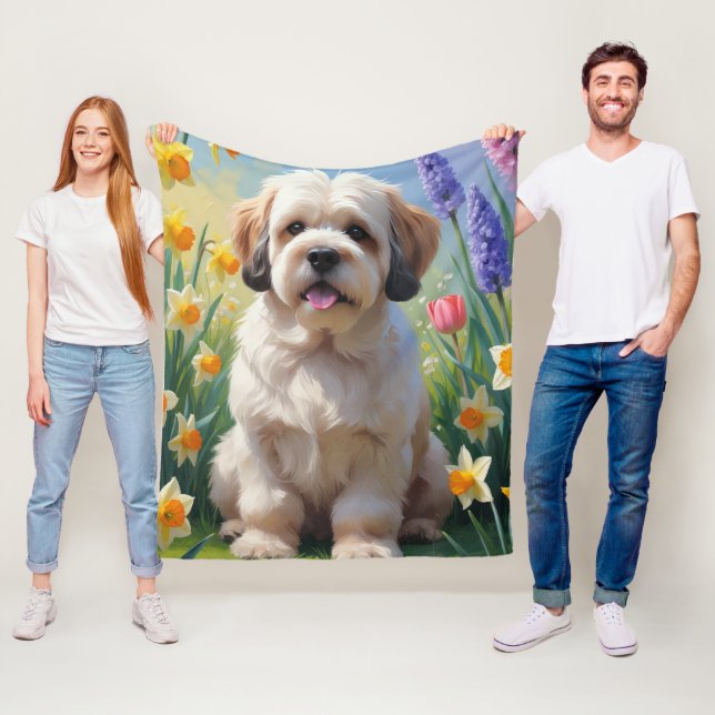 Lhasa Apso Dog Spring Flowers Painting  Fleece Blanket (In Situ)