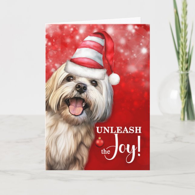 Lhasa Apso Dog Unleash the Joy Christmas Holiday Card (Front)