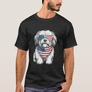 Lhasa Apso Dog USA Flag Sunglasses Patriotic T-Shirt