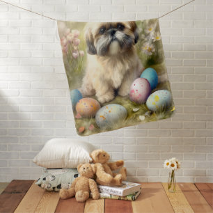 Lhasa Apso Dog with Easter Eggs Holiday Baby Blanket