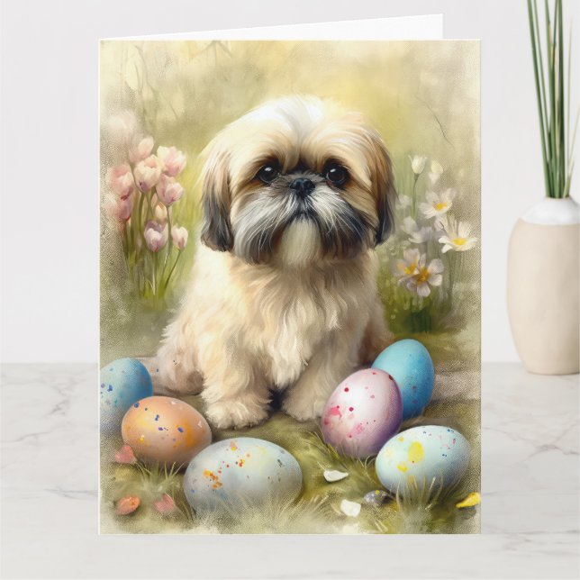 Lhasa Apso Dog with Easter Eggs Holiday  Card (Front)