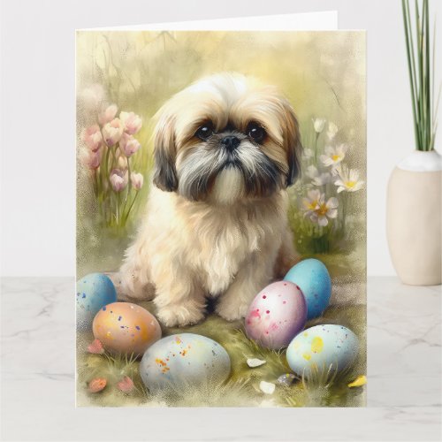 Lhasa Apso Dog with Easter Eggs Holiday  Card