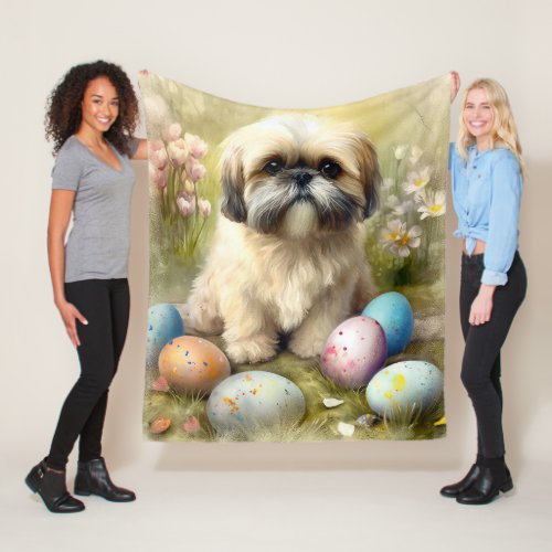 Lhasa Apso Dog with Easter Eggs Holiday  Fleece Blanket