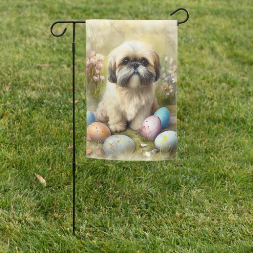Lhasa Apso Dog with Easter Eggs Holiday  Garden Flag