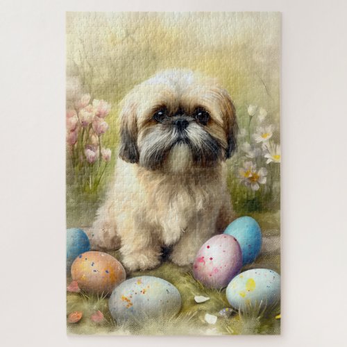 Lhasa Apso Dog with Easter Eggs Holiday  Jigsaw Puzzle